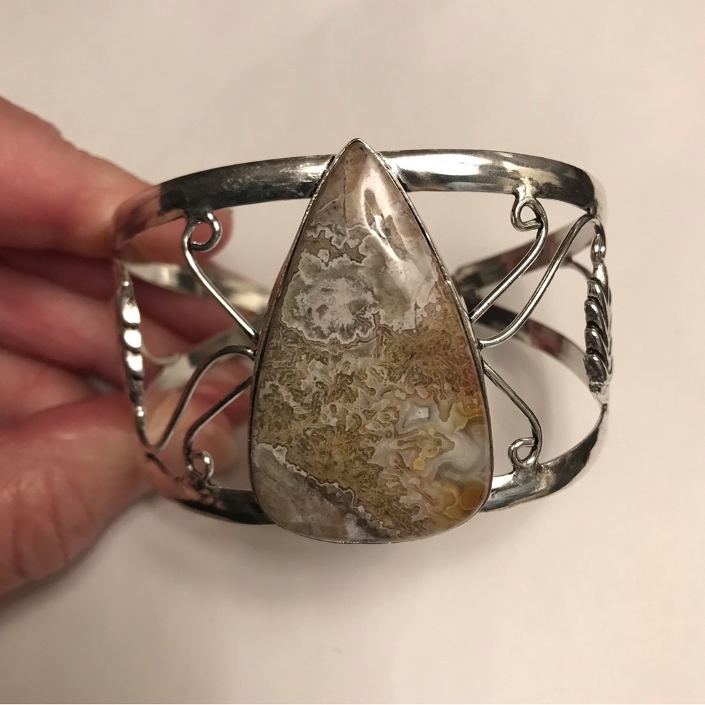 Mexican Laguna Lace Agate Stamped 925 Sterling Silver Cuff Bracelet